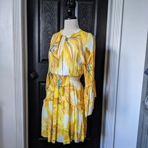 Beautiful yellow Farm Rio summer dress with beaded tassels.